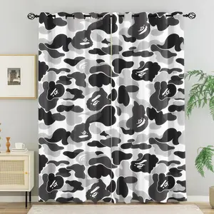 Cool Industrial Style Camouflage Black White Camo Ape Head Blackout Curtain 2Pcs/Set, No-Hole Ring Design, Washable Fabric, Bedroom Gaming Room Dorm UV Protection, Streetwear Style Window Drapes Home Decor Blackout Window Cover