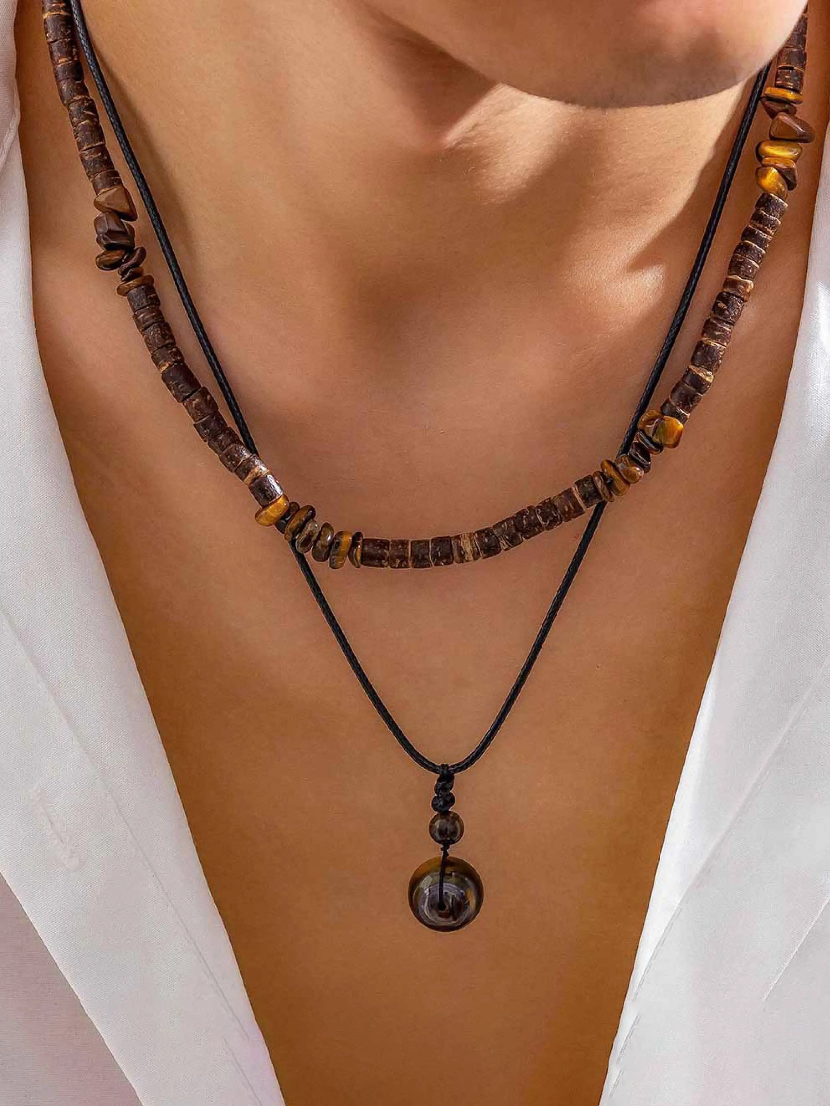 Men's Vintage Wooden Beads Necklace, Beaded Necklace, Fashionable Double Layer Necklace for Party, Daily Decor, Decorative Necklace, Trendy All-match & Exquisite Jewelry for Birthday Gift, Fashionable Jewelry Accessories