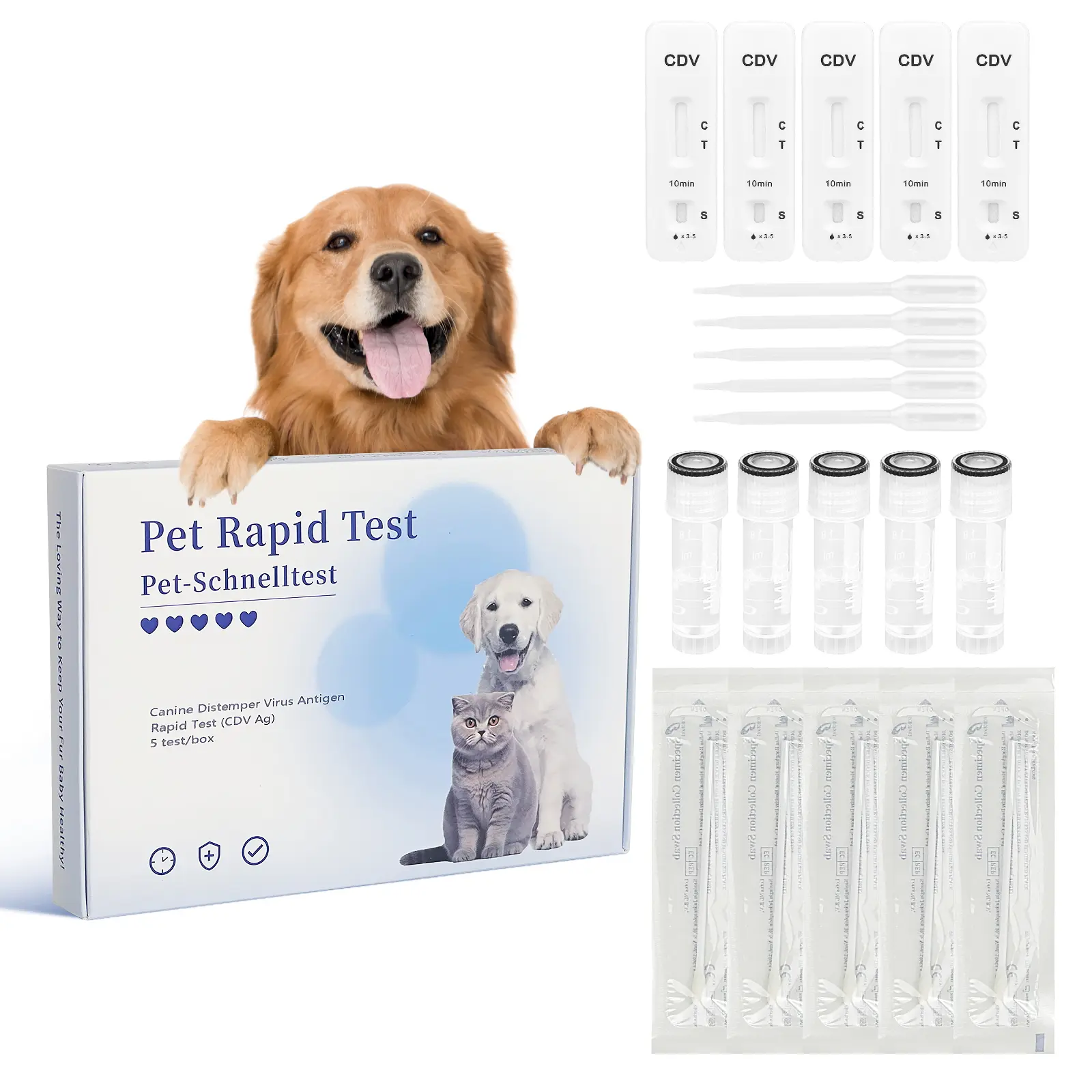 PawsXfun Canine Distemper Test Kit - 5-Piece Home Detection Kit with Cotton Swabs, Assay Buffer, Product Manual, Affordable & Non-Invasive, Rapid & Accurate CDV Detection from Eyes/Nasal, 5-10 Min Results for All Dog Breeds & Ages