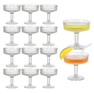 12-Pack Ribbed Coupe Glasses - 7Oz Vintage Martini Glasses Set, Crystal Clear Whiskey Cocktail Cups (4.25" Tall) for Home Bar, Wedding Gifts - Shatter-Resistant Packaging