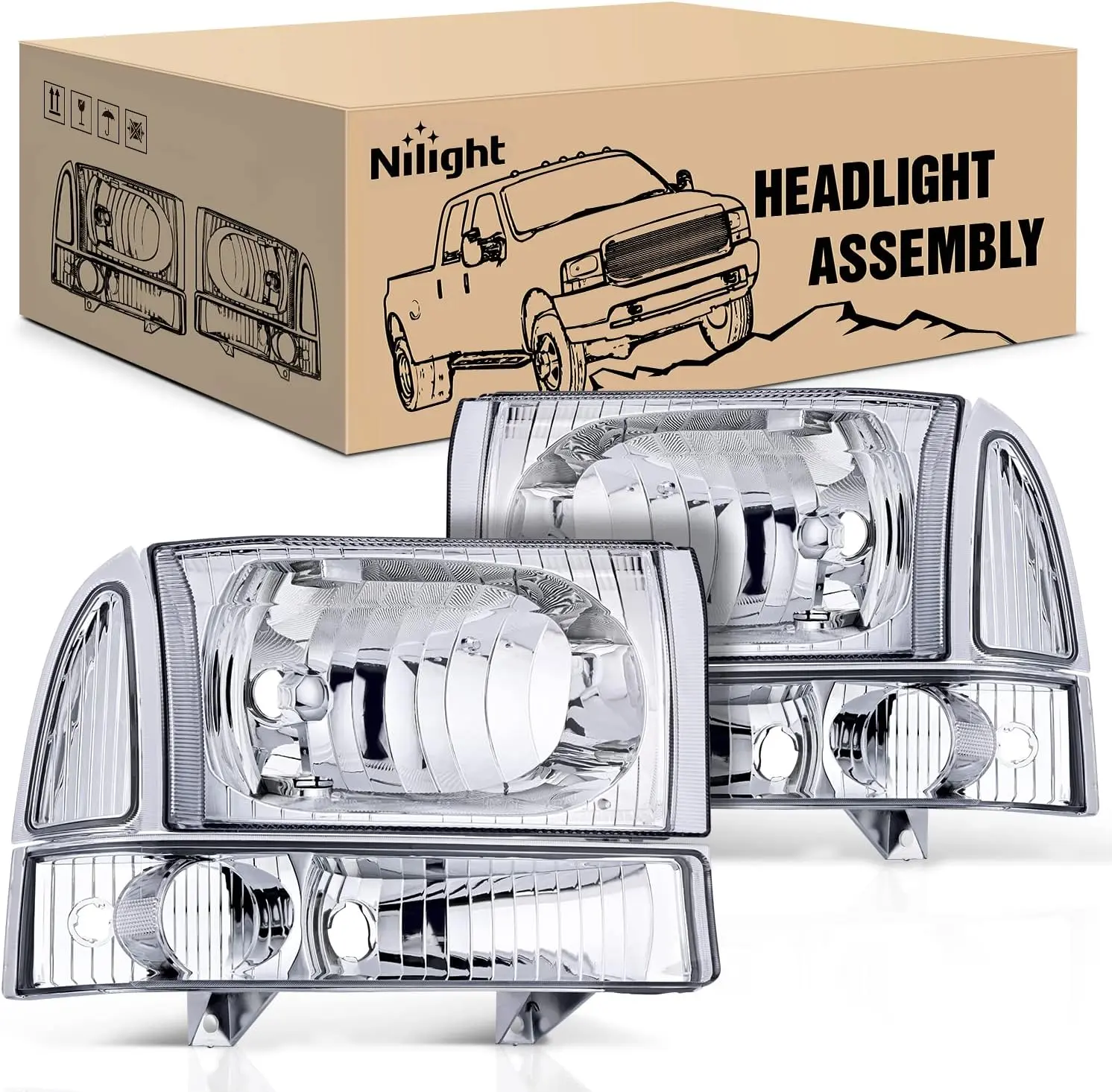 Nilight 4-Pack Headlight Assembly Replacement Kit for 1999-2004 F250-F550 Super Duty (Incl. F350), Chrome Housing with Corner Lens, Corrosion-Resistant ABS Plastic, DOT/SAE Certified, IP65 Rated, Anti-Fog Vent, Bolt-On Installation, Enhanced Visibility, S