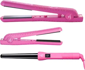 Herstyler Ceramic Hair Straightener Curling Iron Set - Includes Mini Flat Iron - Hair Straightener and Curling Iron Combo - Dual Voltage - Pink Comfort Plug