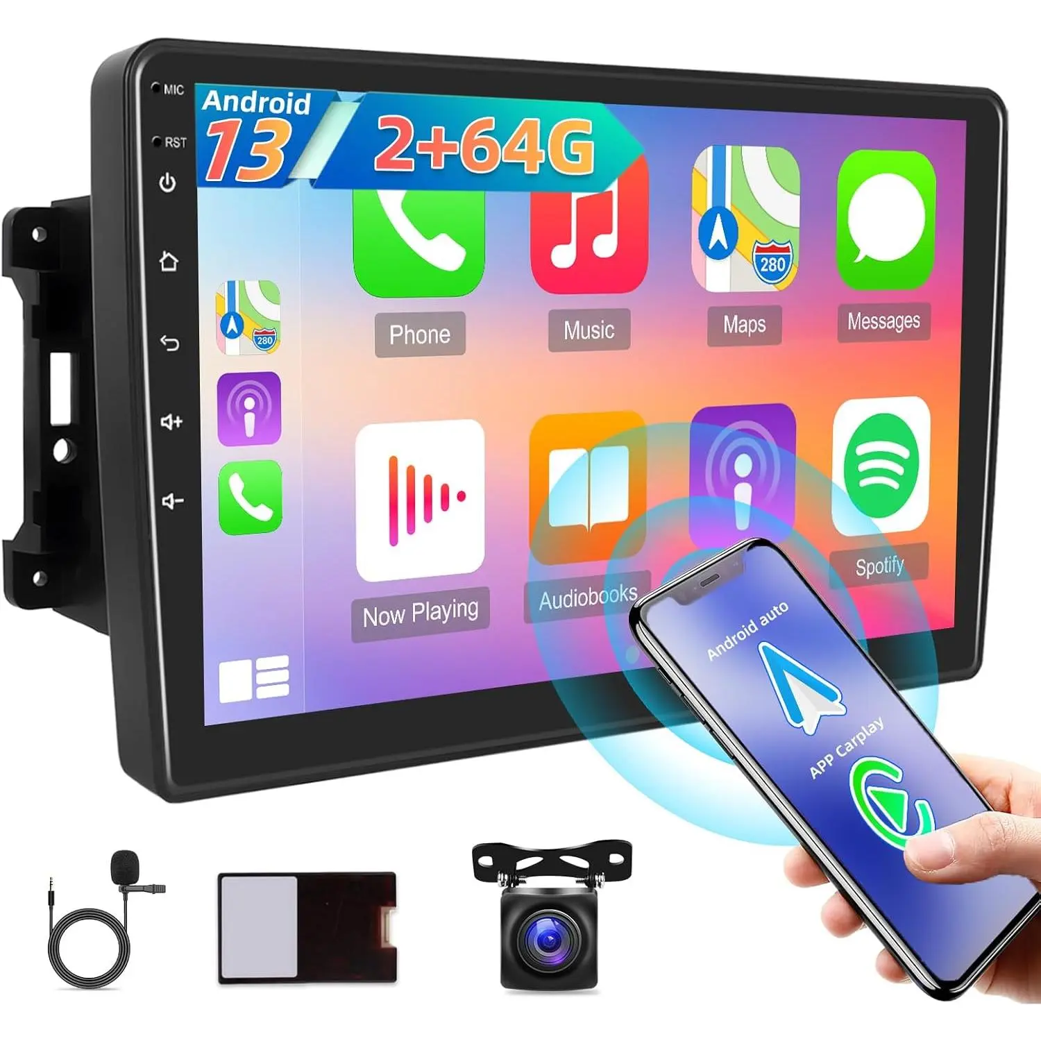 RIMOODY 2+64G Android 13 10-in Touchscreen Car Radio for Jeep Wrangler, Dodge, Chrysler - with CarPlay, Android Auto, GPS Navigation, Bluetooth, SWC, AHD Rear View Camera Input, Father's Day Gift
