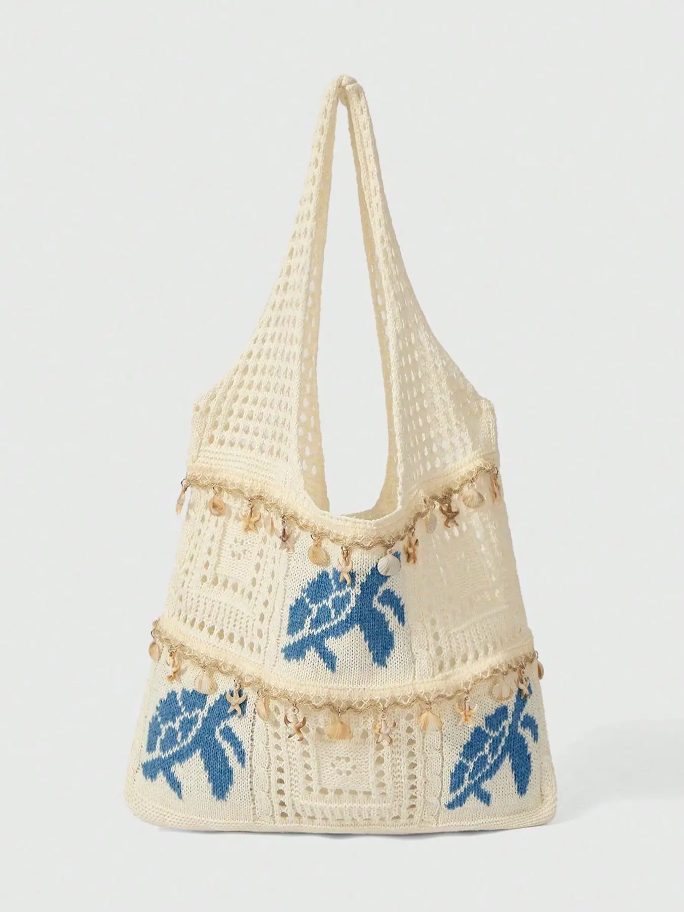 Vacation style simple and personalized hollow knitted turtle Crochet tote bag, shell, starfish, tassel hanging accessories, wide shoulder strap, large capacity beach bag, suitable for beach play and outdoor travel, Embellished Tote, Beach Tote Purse