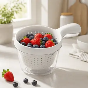 Double-Layer Fruit Drainer Basket with Handle, Macaron Colander Bowl with Transparent Water Container, One-Handed Washing Strainer for Fruits, Vegetables, Berries, Snacks, Kitchen Sink Storage Bowl