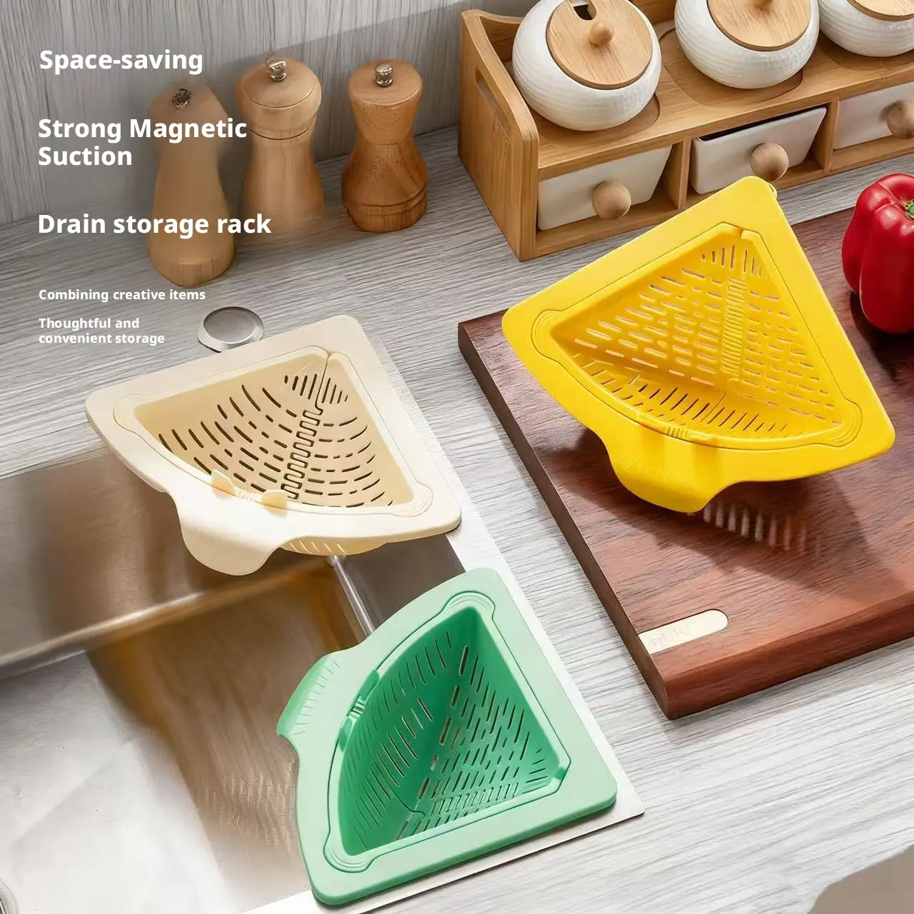 2-Pack Magnetic Triangle Drain Basket Kitchen Sink Strainer for Stainless Steel Sinks & Enamel Sinks Anti-Clog Filter & Temporary Drainage Storage