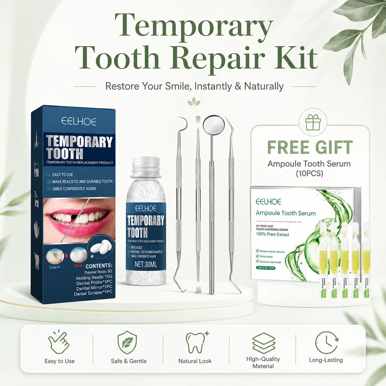 Moldable Fake Teeth Repair Kit with 4 Tools - Shapeable Denture Pellets for Broken, Missing Teeth, Veneers - Oral Care for Halloween, Cosplay