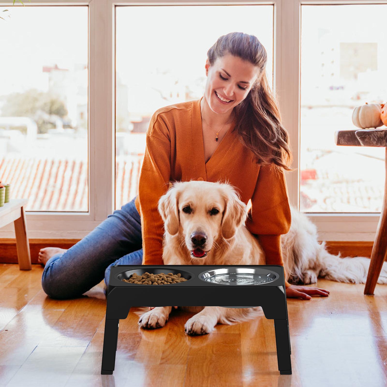 4 Height Adjustable Raised Dog Bowl Stand with Slow Feeder & Stainless Steel Bowls | No Tools Required | Anti-Slip & Spill-Proof Elevated Feeder for All Dog Sizes