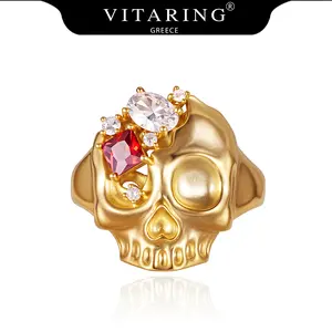 VITARING Skull Jewelry Set for Women with Zirconia, Earrings Necklace Bold Statement Gothic Ring, Original Design, 18K Gold Plated, Club Style Jewelry