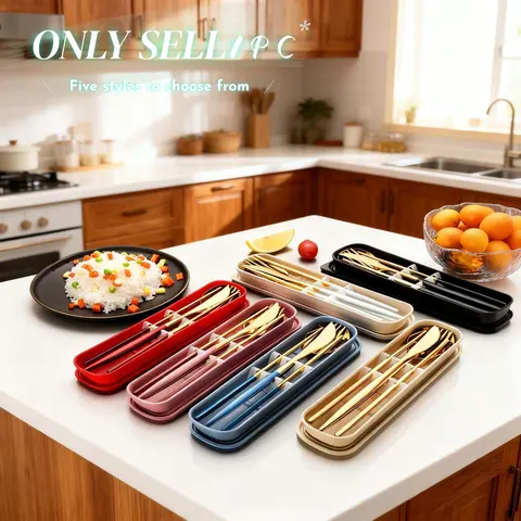 Portable Luxury Stainless Steel Tableware Cutlery Set, 4-Piece Reusable Utensils with Storage Box, Multi-Color Options, Ideal for Home School Camping Travel, Tableware Sets