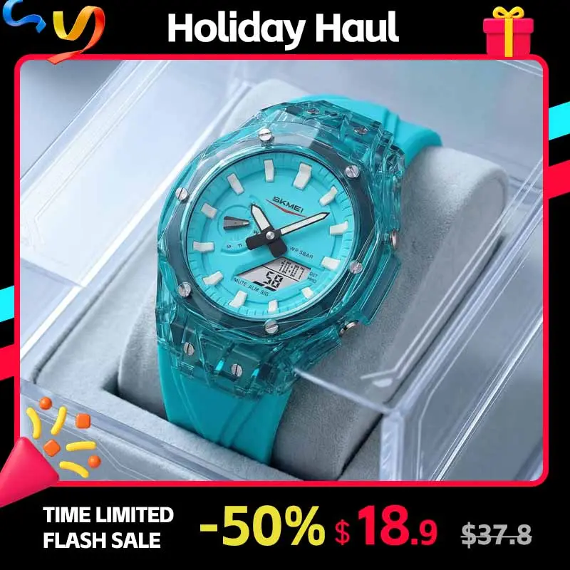 SKMEI Men's Electronic Watch Set - Transparent Case, Dual Display, 50M Water Resist, LED Luminous, Fashionable Party Watch, Alarm, Stopwatch, World Time, Sports & Casual, Color Accessories, Couple-Friendly Fashion Accessory, Luminous Fashionable Watch