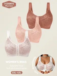 [3 Pack] Plus Size Women's Bras, 0XL-4XL, Front Buckle, Lace Embroidery, U-Shape Back, Full Coverage, Soft Breathable, Daily Wear
