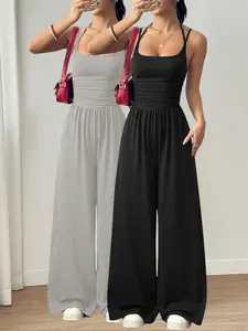 Women's Spring Summer Casual Plain Pattern Adjustable Straps Sleeveless Pleated Fitted Loose Straight Leg Jumpsuit Set, Womenswear Simple Fashion Daily Versatile, Casual Jumpsuits
