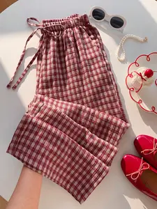 Women's Long Pants, Elastic Waist Pocket Sleepwear Loungewear, Summer Basic Plaid Wide Leg, Casual Loose-Fitting, Mid Waist, H Type Womenswear