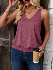 Elegant V-Neck Color Cotton Knit Women's Fashion Casual Vest, Tops, Perfect for Commuting and Vacation, Essential for Women's Wardrobe