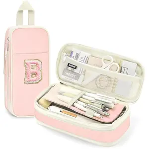 Preppy Pencil Case for Girls, Large Initial Pencil Pouch for School Supplies, Portable Pink Pen Bag with Zipper, Cute Aesthetic Pen Box, Compartments Stationary Organizer for Kids Teens Adults