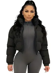 Black Cropped Puffer Jacket - Oversized Hooded Quilted Bomber Women's Cute Y2K Streetwear Winter Essentials
