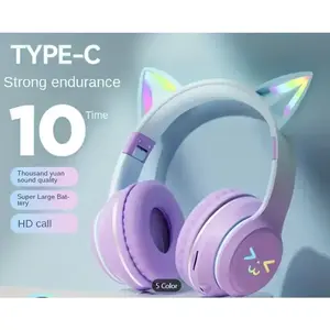 Color Changing Cat Ear Wireless Headband Earphones - Foldable and Trendy Music Headphones
