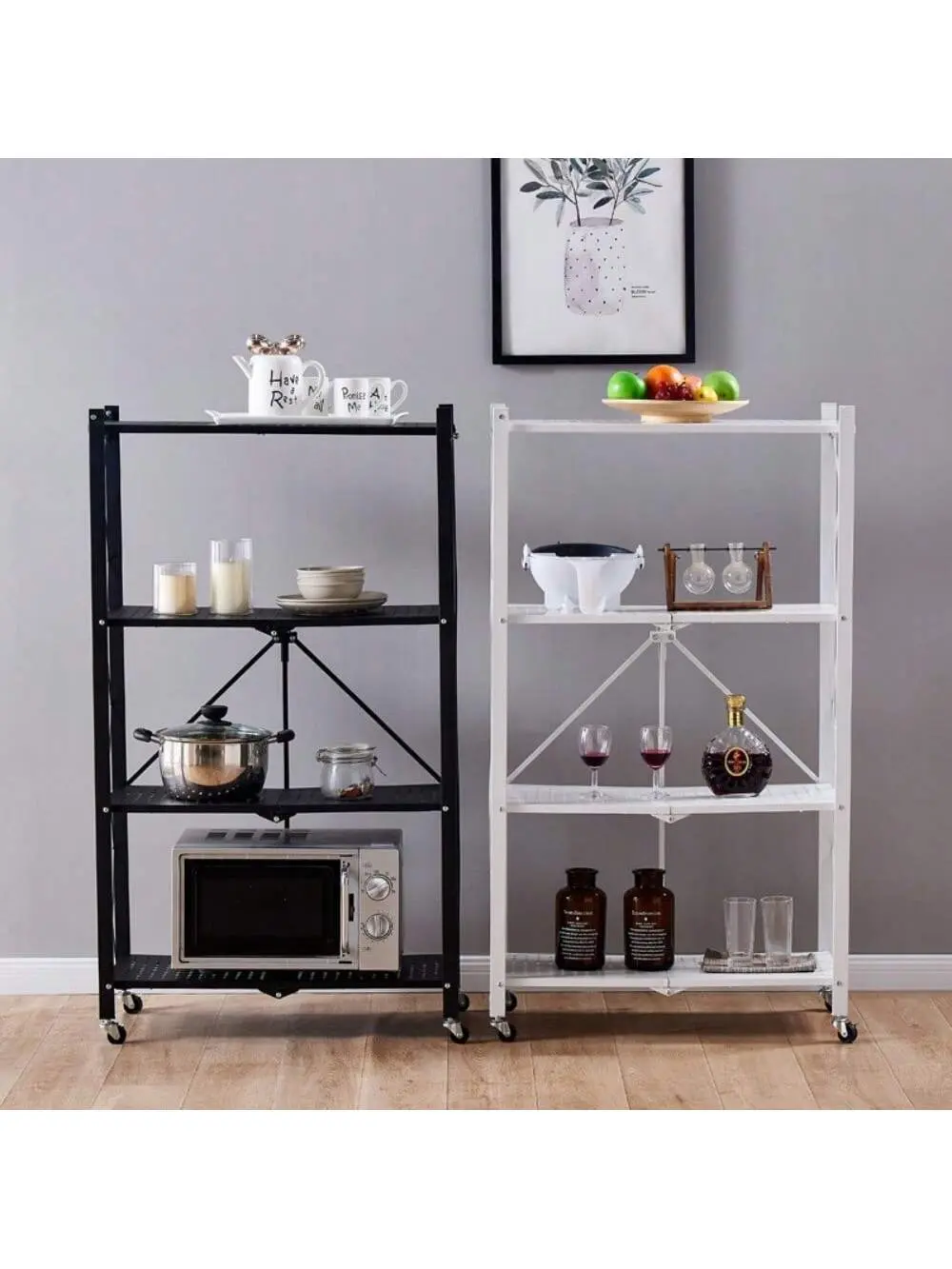 Gaomon 5-Layer Powder Coated Metal Foldable Storage Shelf, Adjustable 360 Movable Organizer Rack with Wheels for Garage, Kitchen