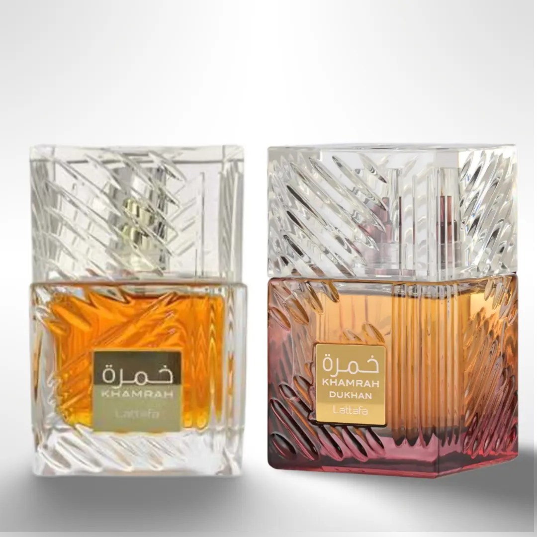 Lattafa Khamrah & Khamrah Dukhan 100ml EDP Multi-Pack Gift Bundle - Full-Size Multi-Scent Spicy Gourmand Fragrance with Smoke Notes for Women's Evening Wear, Spicy Women's Fragrance