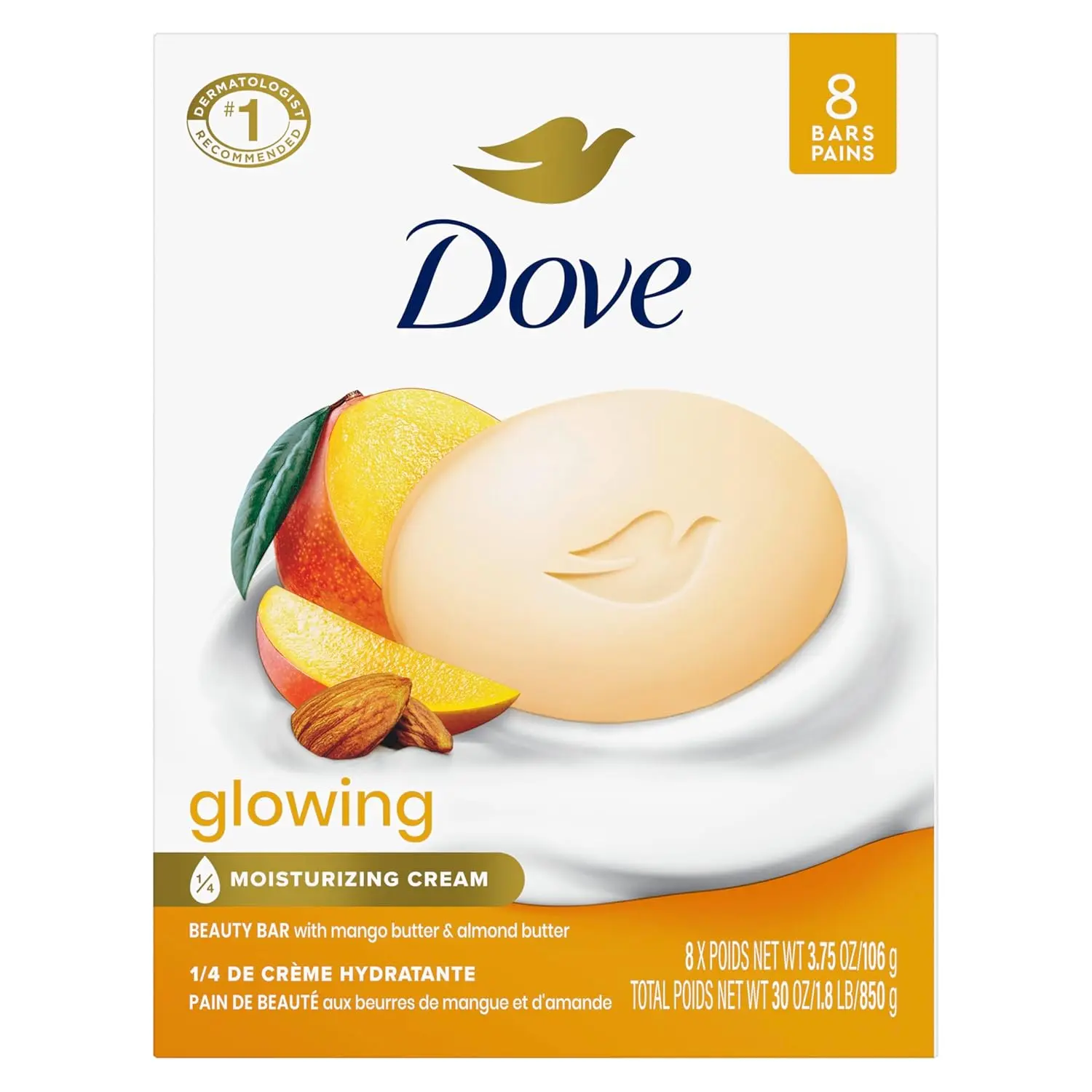 Dove Beauty Bar Soap Multi-Pack - Glowing Mango & Almond Butters Gentle Cleanser, 12x3.75 oz Hydrating Body Wash, Barrier-Kind Clean, Skin Barrier Support, Hand & Face Compatible for Radiant Skin