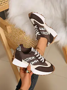 Women's Spring Fall New Large Size Round Toe Thick Sole Casual Shoes, Lace-Up Leopard Patchwork Vintage Height Increasing Sports Sneakers