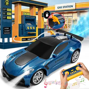 Gas Station Remote Control Car with AutoPark, 2.4GHz RC Cars Toys with Sound Effect, Realistic Car Refueling Simulation Tail Spray 1:1 Reality Car Refueling Toy Gifts for 3 4 5 6 7 8 910 Year Old Boys