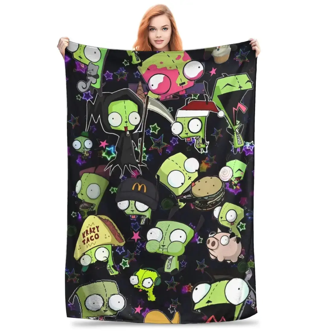 Classic Invader Zim Gir Dib Cartoon Print Flannel Blanket - Premium Portable Super Soft Flannel Fabric Throw, Bed & Car Bedspread, Home Use Textile Decor, Ideal Gift for Christmas
