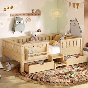 Twin/Full/Queen Platform Bed Frame with built-in bookshelves and storage drawers, Safety Staircase design and high-quality safety rails, Solid Wood Bed Frame with Sturyd Slats