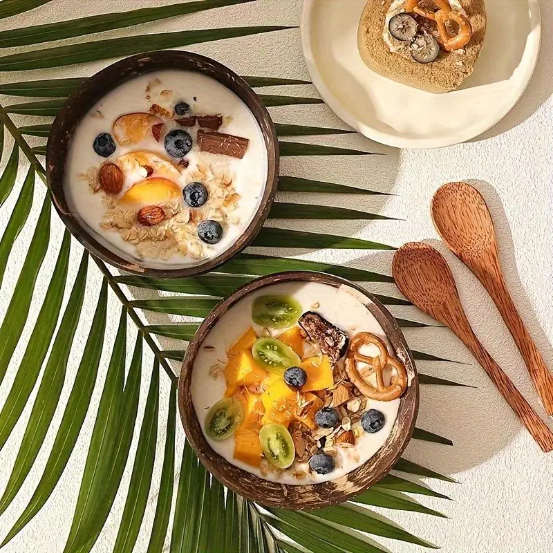 1pc Handmade Coconut Shell Bowls with Wooden Spoons | Uncharged, Softwood Material, Ideal for Salads, Fruits & Cereals