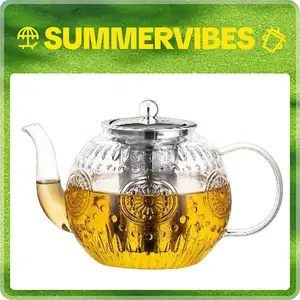 Vintage Glass Teapot with Removable Infuser 50OZ/1500ml Stovetop Safe Borosilicate Glass Tea Kettle for Blooming Loose Leaf Tea Sunflower Design Classic Stylish Serving