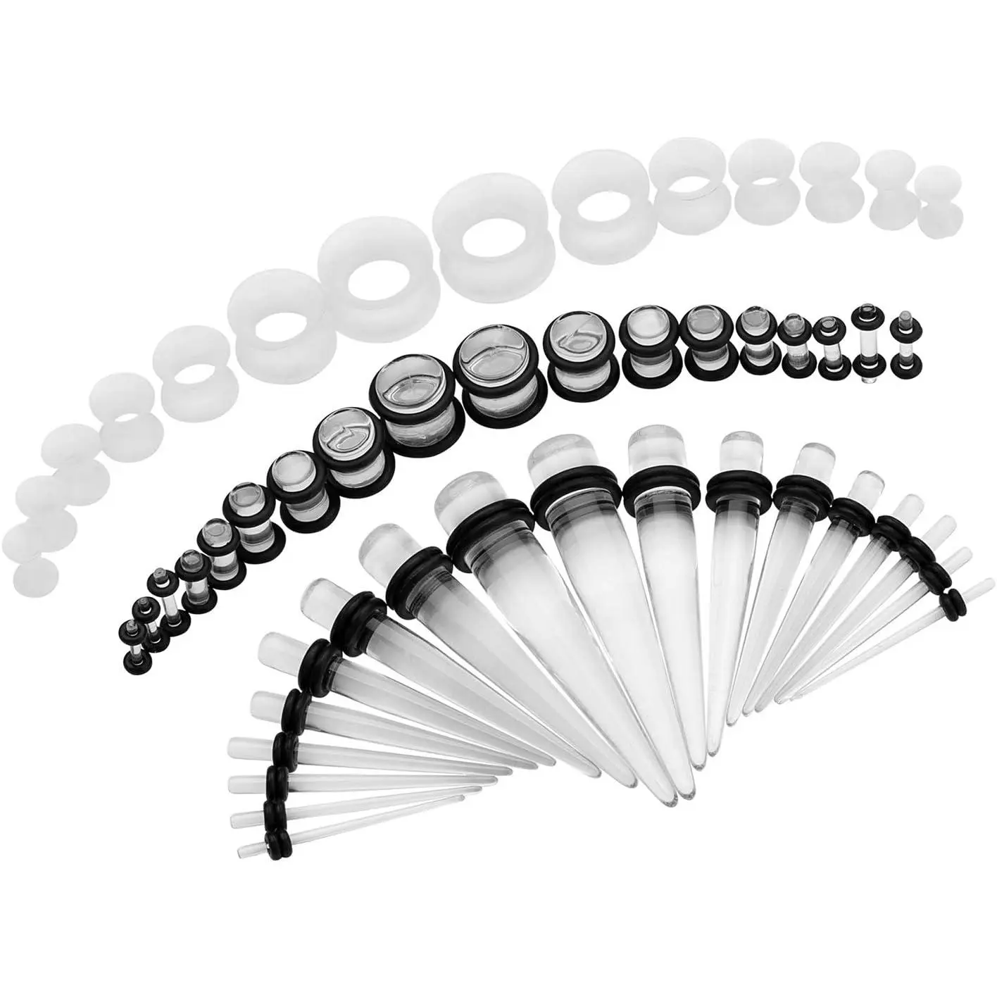 New 50-Piece Ear Gauges Stretching Kit, 14G-00G | Acrylic tapers and plugs with soft silicone tunnels, body piercing jewelry for women and men