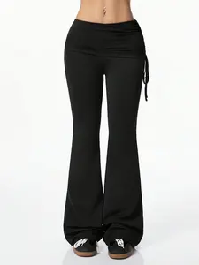 1 All-Season Low Rise Flared Pants Women | Ruched Side Drawstring Stacked Hem | Stretchy Fitted Butt Lifting Y2K Hot Girl Pants for Daily Yoga Streetwear