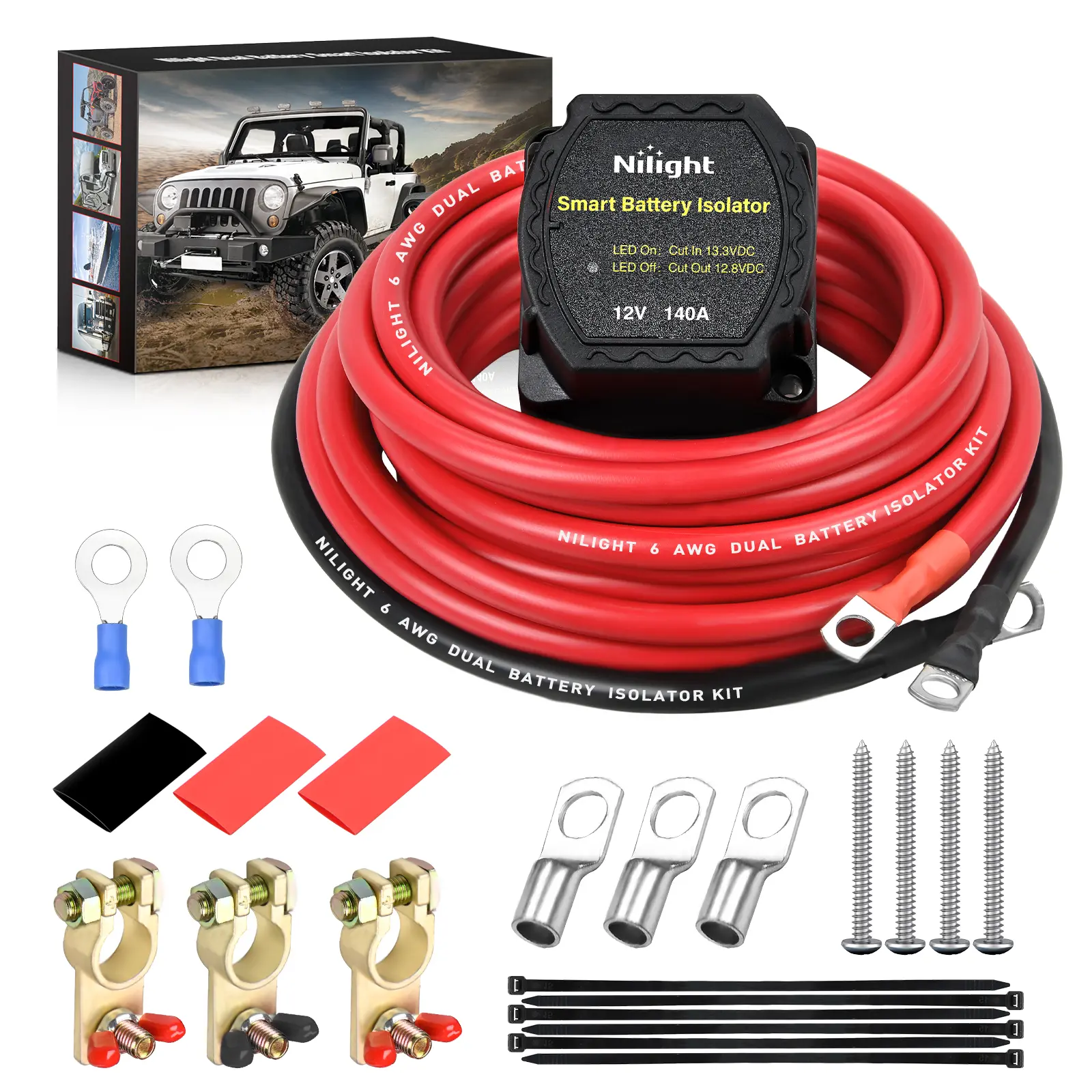 Nilight High Quality 12V 140A Dual Battery Isolator Kit - IP66 Waterproof, Easy Installation, 6 AWG Power Cable, Copper Lugs, Voltage Sensitive Relay Smart VSR Automatic Disconnect for Off-Road Truck/RV