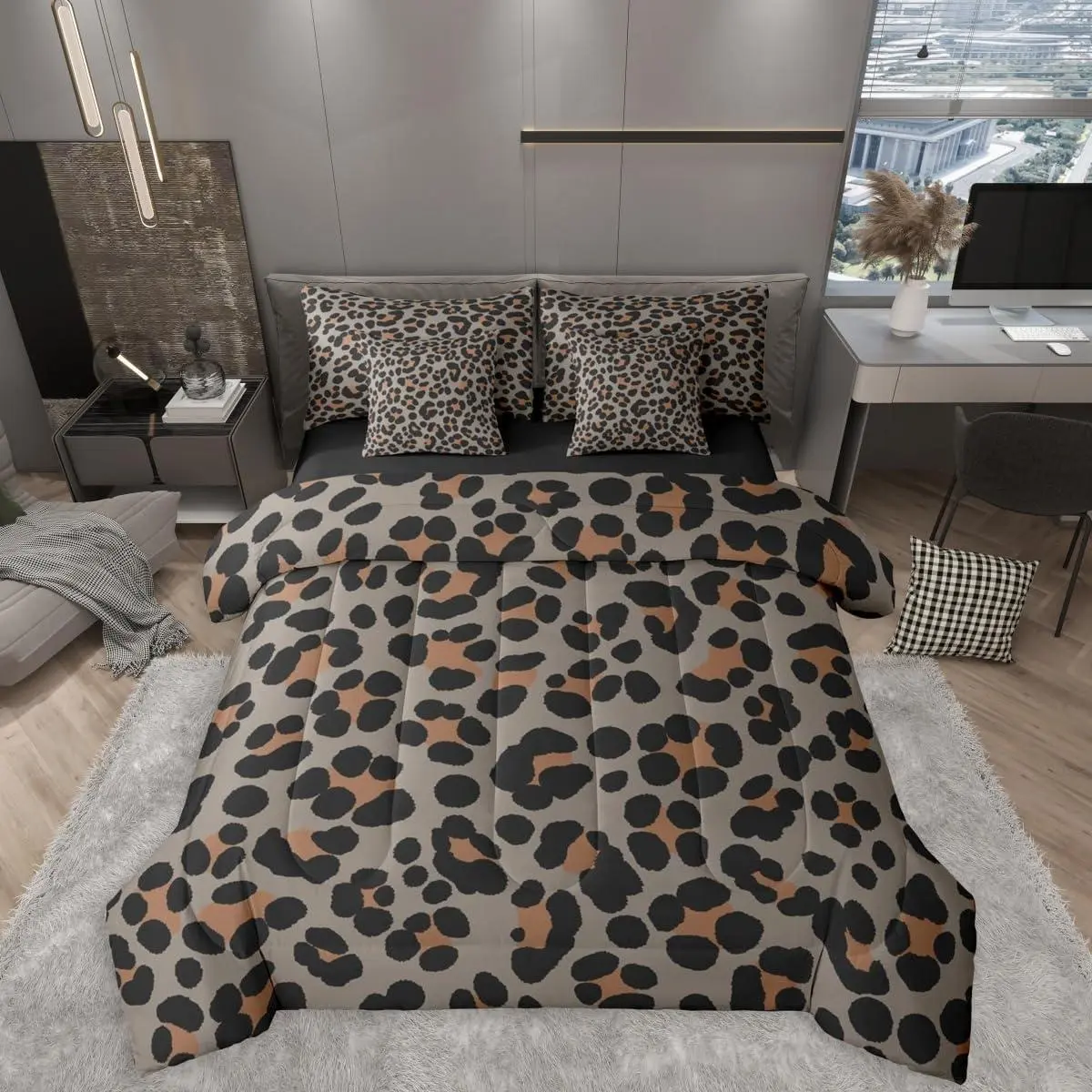 Cheetah Print 7 Pieces Bedding Set,Brown Black Grey Leopard Bed in a Bag,Modern Luxury Bed Set Includes Comforter,Sheet Set,Pillowcases & Pillow Covers,Wild Safari Skin Print Bedroom Decor