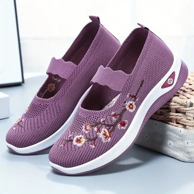 Women's Round Toe Floral Embroidery Knit Shoes - Breathable Slip-On Walking Shoes with Slip-Resistant, Lightweight Sole for Indoor/Outdoor Daily Wear, Elegant All-Season Casual Flats, Shoe