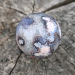 Blue Flower Agate Sphere - Unique Geometric Design with Colorful Hues and Smooth Surface