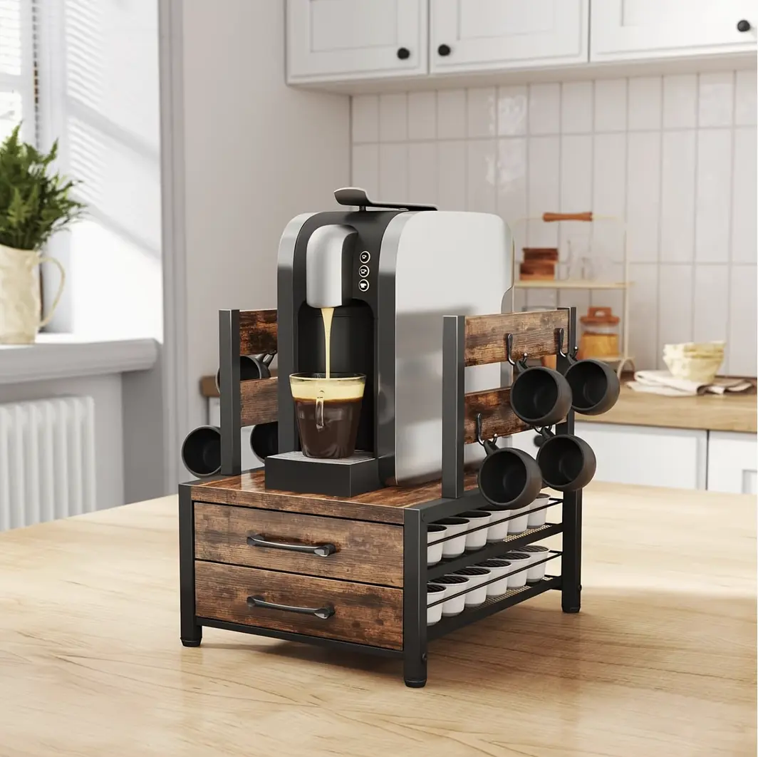 Double Layer Coffee Capsule Storage Rack And Mug Holder, Coffee Machine Stand, K Cup Holder Drawer - Coffee Bean Pod Organizer, 70 Capacity Bean Pod Holder, Home Kitchen Countertop Organizer, Rustic Brown
