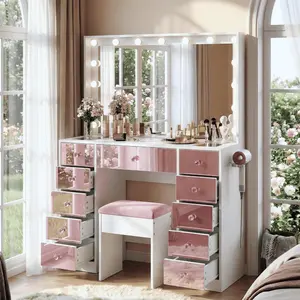Makeup Vanity with 15 Hollywood Bulbs & 3-Color Dimmable LED Lights, Dressing Table with Visual Glass Top & 11 Drawers, Pink Vanity Desk Set with Cushioned Stool