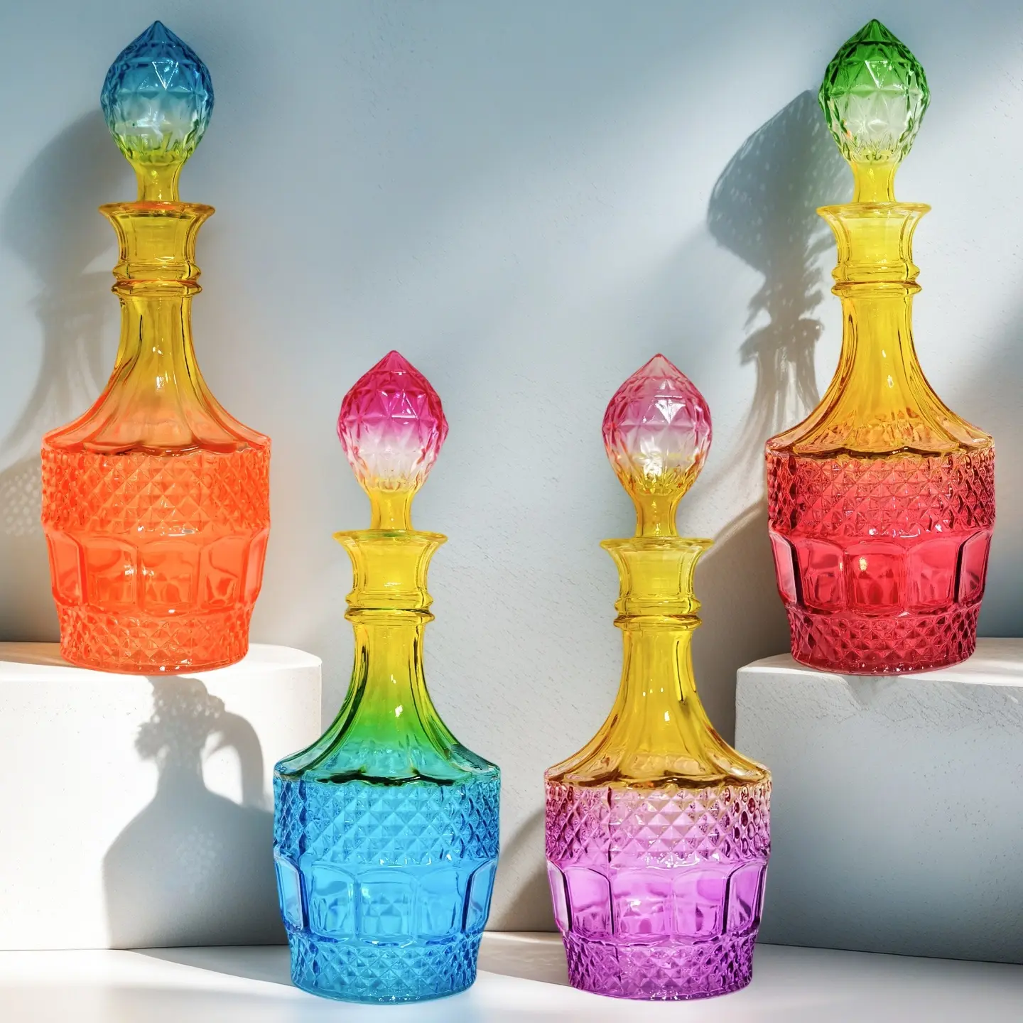 Diamond cut 27oz (800ml) Vintage Gradient Colored Glass Decanter with Airtight Seal Stopper, Home Decor Carafe for Whiskey, Wine, Ideal Gift for Men, Multi-functional Home Supplies Vase,Bud Vases for Centerpieces, Flower Vases for Wedding Home Table Decor