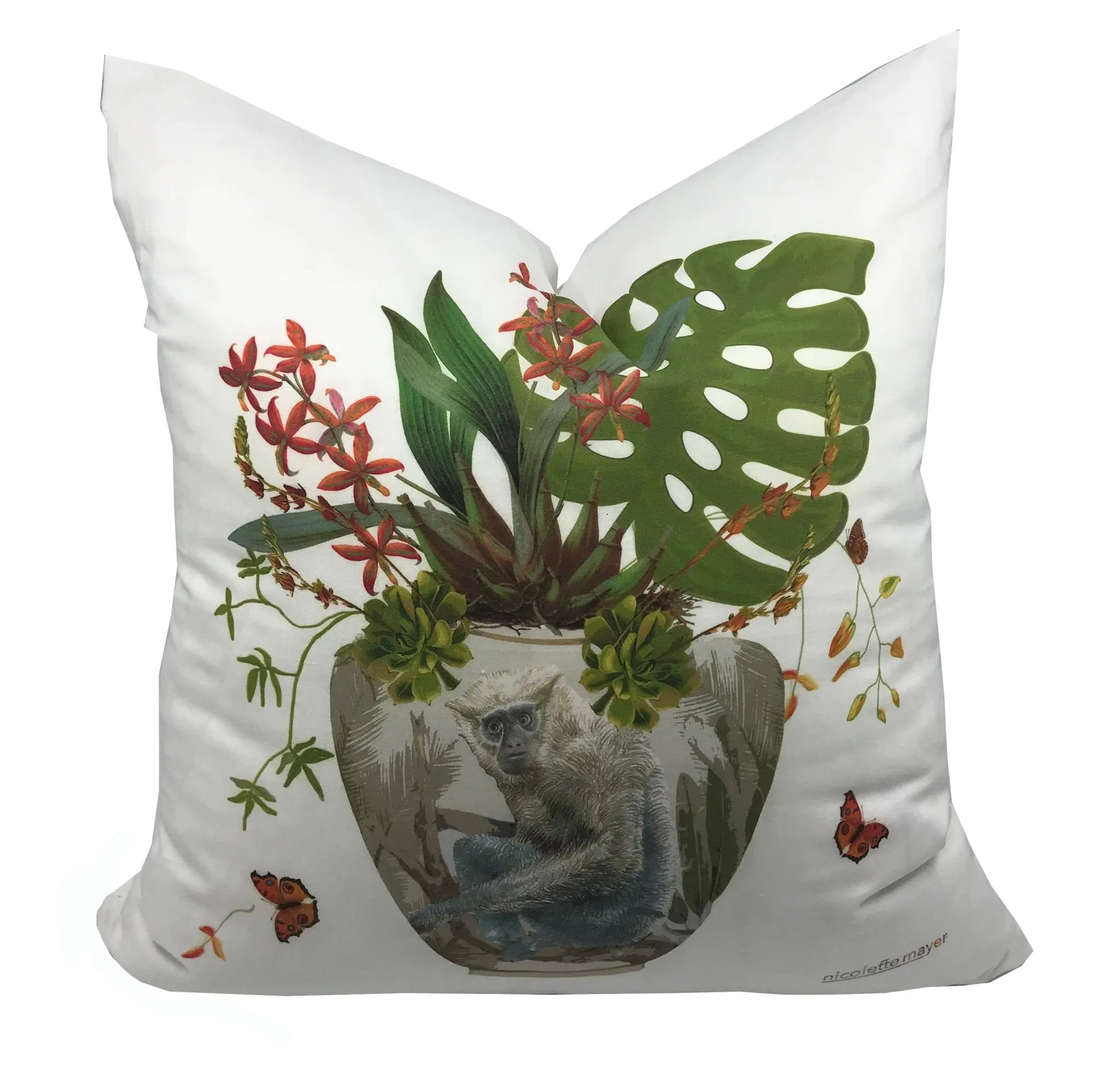 Monkey Jungle White Linen Cotton 22x22 Square Pillow