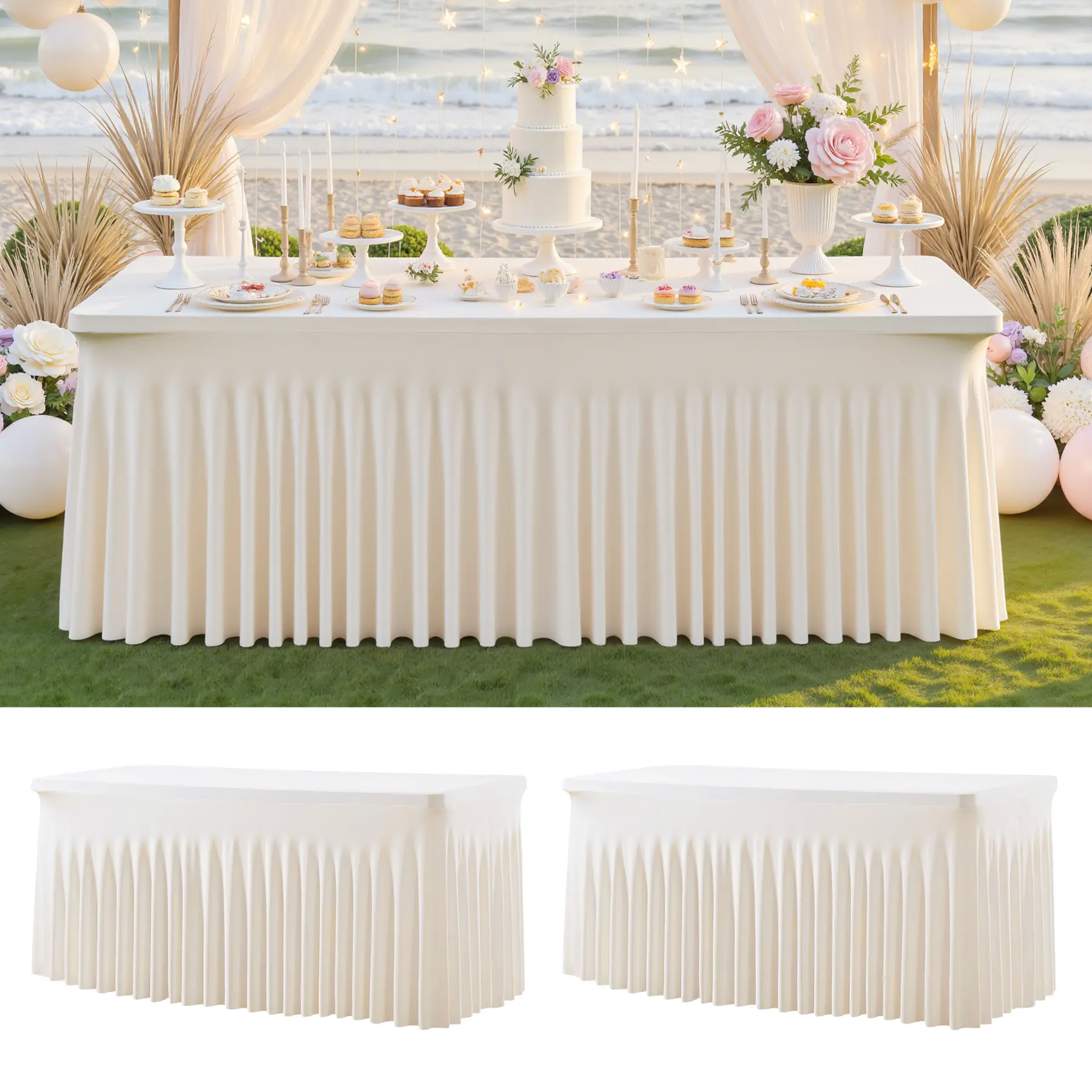 2-Pack Stretchable Ruffles Classic Rectangle Spandex Tablecloths - Multi-Size (4/6/8ft), Washable, Stain-Resistant Fabric Handles Spills, Wrinkle Resistant, Easy to Place Over Table Top, Party Decor Covers for Weddings