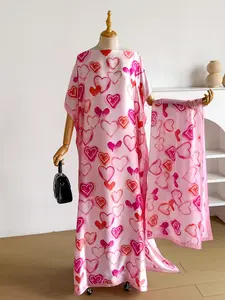 Elegant Heart Print Robe Set, Hooded Shawl Dress + Long Headscarf Hairband, Women's Beach Sun Protection Satin Scarf, Heart Pattern, Swimwear Coverups, Swimsuit Cover, Bathing Suit Cover