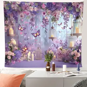 1pc Floral Butterfly Tapestry for Bedroom Living Room Dorm, Purple Pink Flower Wall Hanging Decor, Aesthetic Bohemian Art Tapestry, Polyester Soft Fade-Resistant Photography Backdrop Gift