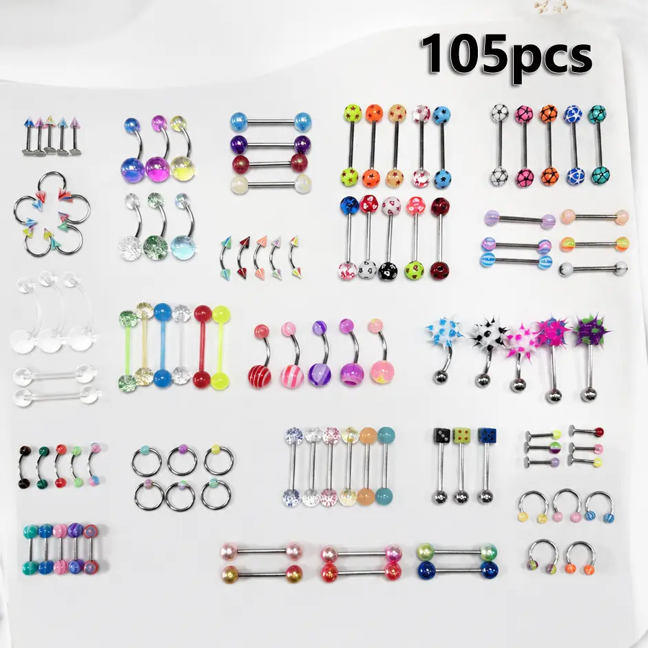 105-Piece Assorted Body Piercing Jewelry Set: Crafted from skin-friendly stainless steel and premium acrylic. Mix and match vibrant colors effortlessly for tongue, nose, and other piercings. Features a random variety of trendy patterns.