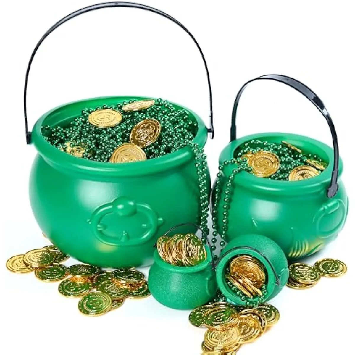 4PCS St.Patrick's Day Green Cauldrons with Handle Party Supplies Set with 1 Pcs Large, 1 Medium and 2 Small Plastic Lucky Leprechaun Pots for Saint Patricks Pot of Gold Party Decorations