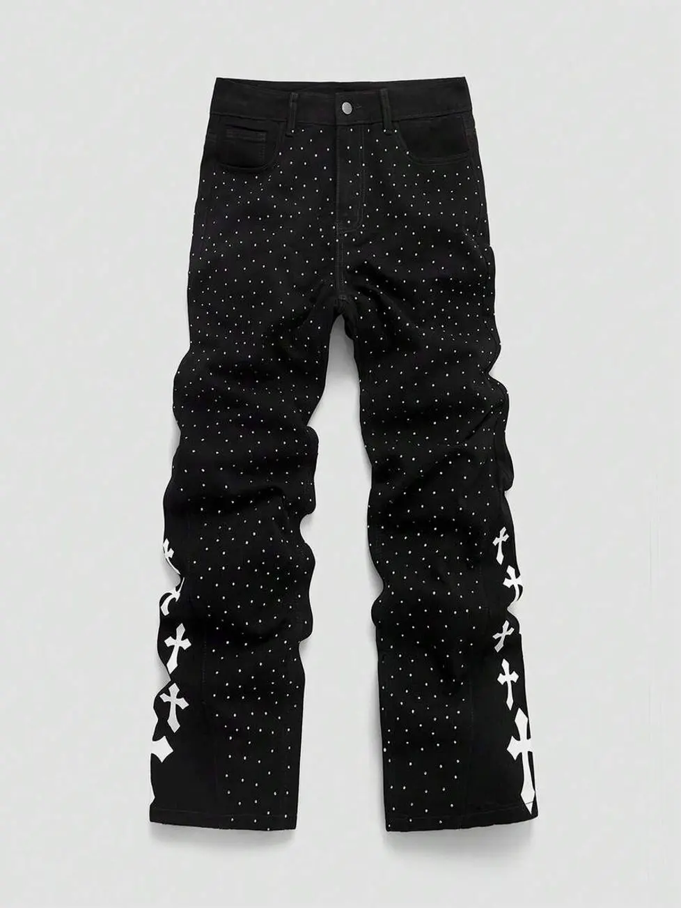 Jeans pants for men - Men's Rhinestone Cross Jeans, Slim Fit Denim Pants with Sparkling Embellishments for Hip Hop summer clothing trending clothing trending clothes men's pants pants for men vacation outfits summer outfits jeans for men going out outfit