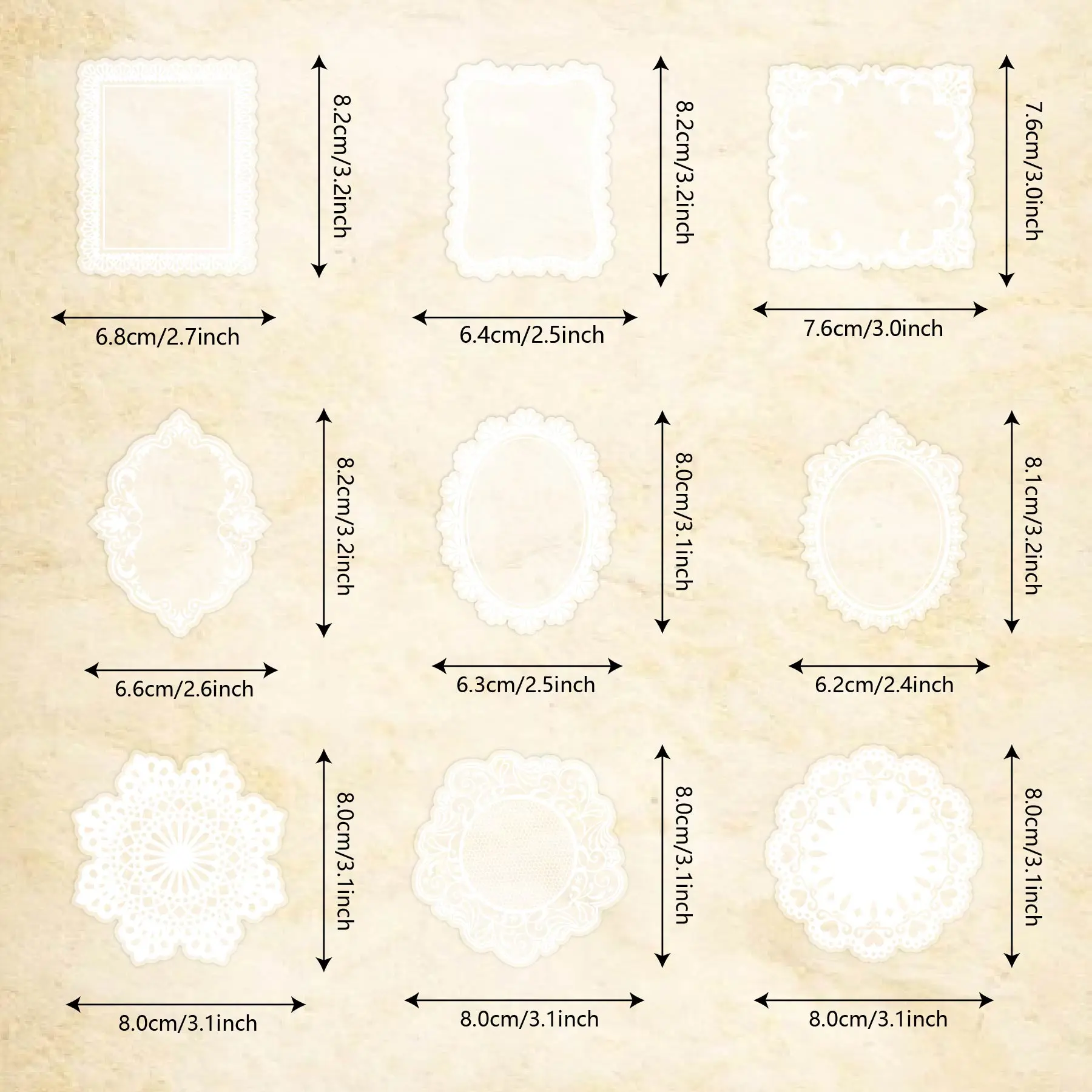 Enchanted Lace Stickers - 120pcs Vintage Cut-Out Paper Shapes Stickers, 2.4” to 3.2” for Journaling, Scrapbooking, Calendars, Easy to Use, Adds Elegance, Embellishment