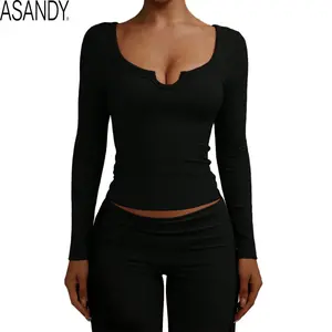 ASANDY Women Cotton Long Sleeve Tops Scoop Neck V Notch Y2K Low Cut Slim Fitted T Shirt Casual Yoga Workout Basic Clothes Fall 2026