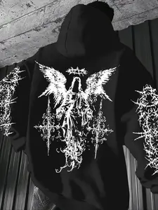 Men's Dark Angel Print Graphic Hoodie, Loose Fit, Comfortable Wear, Casual Style, Moderate Fabric, Fall & Winter, Fitted Design